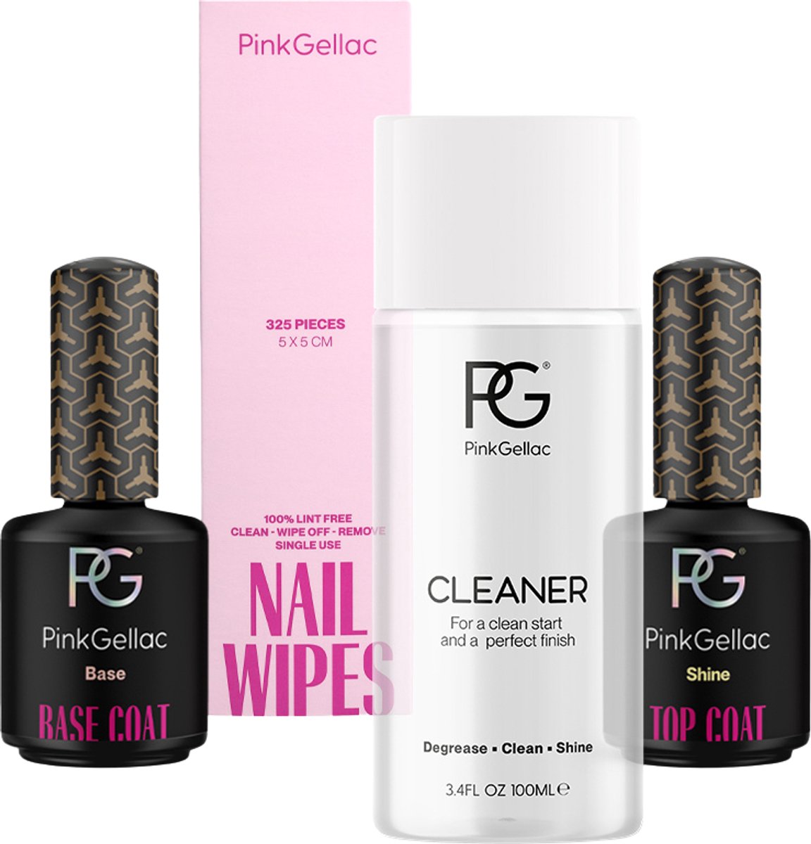 Pink Gellac Manicure Set - Re-Fill Set met Base Coat Gellak 15ml, Top Coat Gellak Shine 15ml, Nail Cleaner 100ml en Pluisvrije Nail Wipes 325st - Basis Manicureset voor Thuis