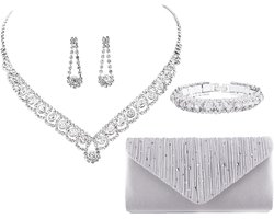 Avond clutch + 4-delige sieradenset (ketting, armband, oorbellen) – satijn met strass/zirkoon look – Bruiloft/galafeest – Kleur: Zilverwit