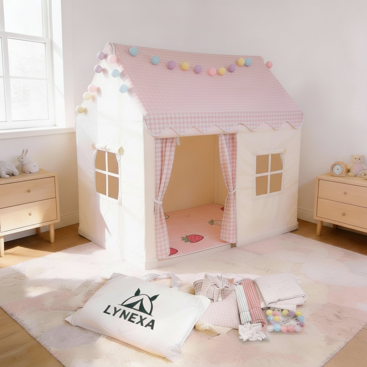 LYNEXA® - Speeltent - Kindertent - Speelhuis - Speeltent meisjes - Speeltent jongens - Speelhuisje binnen - Speelgoed 3 t/m 9 jaar - Incl. Zachte Mat, Verlichting & Opbergtas – Wit / Roze