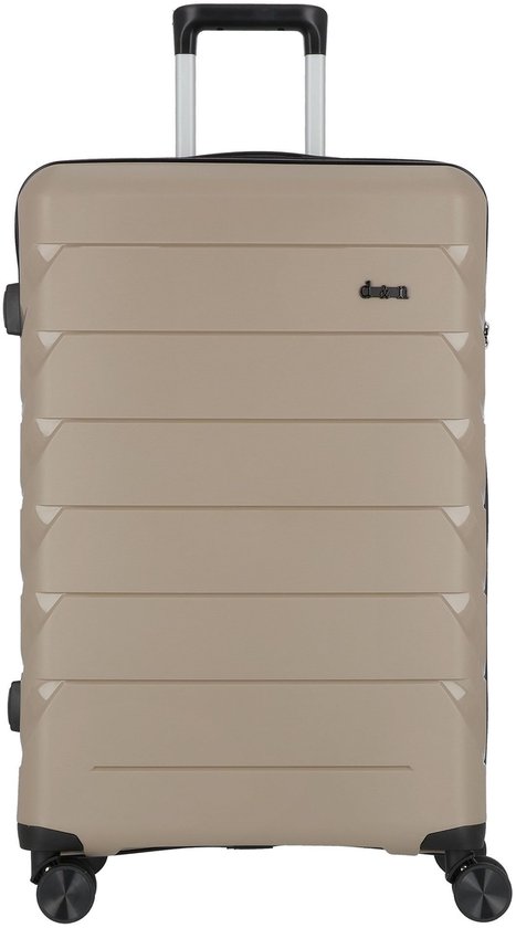 Taupe d & n trolley met horizontale lijnen, ritssluiting, handvat en vier wielen.