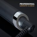 Detail van een zwarte krultang met 'PROFESSIONAL LENGTH CABLE'.