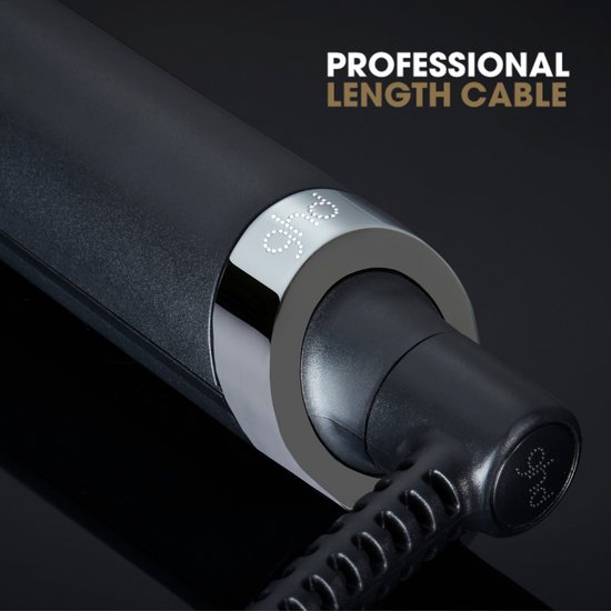 Detail van een zwarte krultang met 'PROFESSIONAL LENGTH CABLE'.