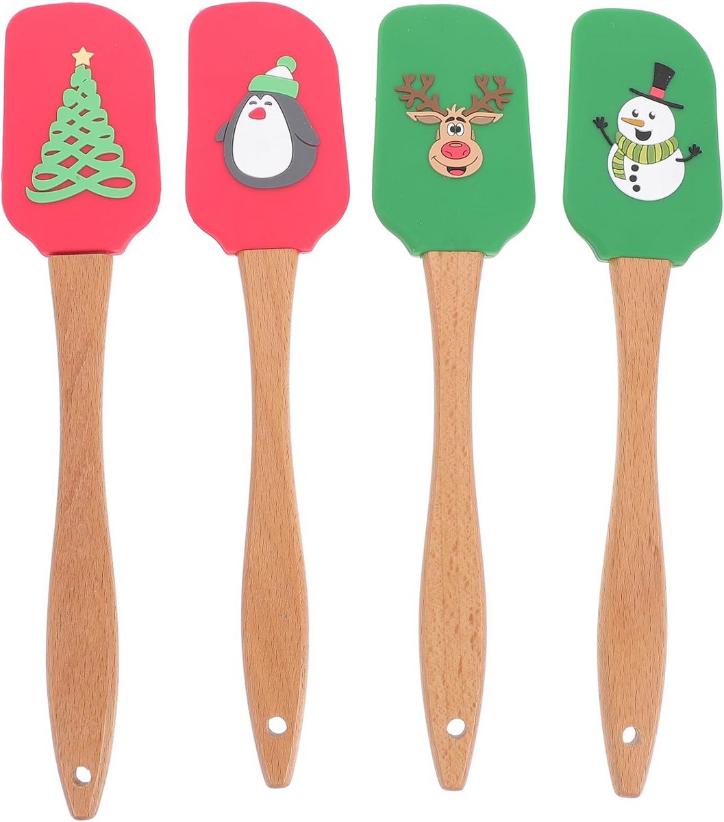 Siliconen Deegspatels met Houten Handvat - Set van 4 - Kerst Bakgereedschap