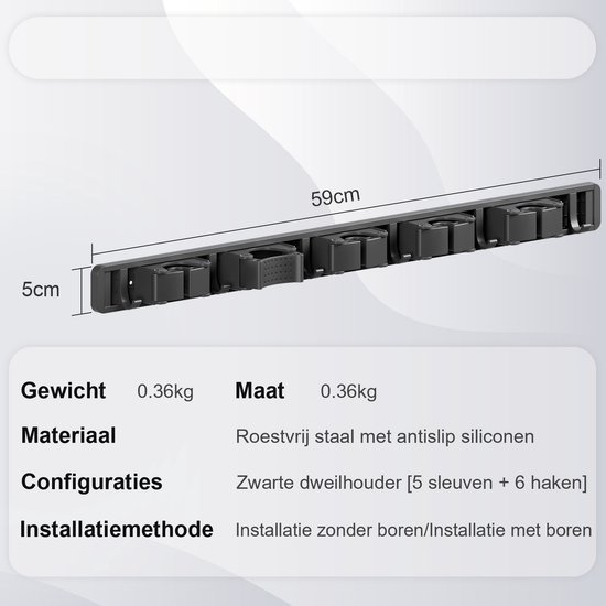 Alles-in-één Bezemhouder, Wandgemonteerde bezem - Bezem Ophangsysteem: 6 Haken 5 Klemmen, Robuuste RVS Houder voor Bezems, Gereedschap en Meer, Geschikt voor balkons, badkamers en toiletten van T-LoVendo — afbeelding 3