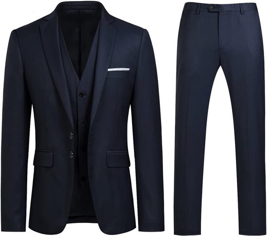 Donkerblauw 3-delig slim fit kostuum bestaande uit een colbert, vest en pantalon.