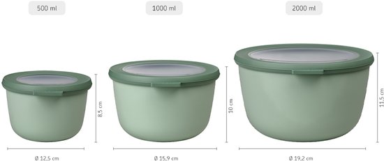 Mepal - Ensemble de 3 bols multiples Mag (500 + 1000 + 2000 ml) - Passe au congélateur, au micro-ondes et au lave-vaisselle - Sauge nordique - Plateaux de préparation de repas - Boîtes de rangement avec couvercle