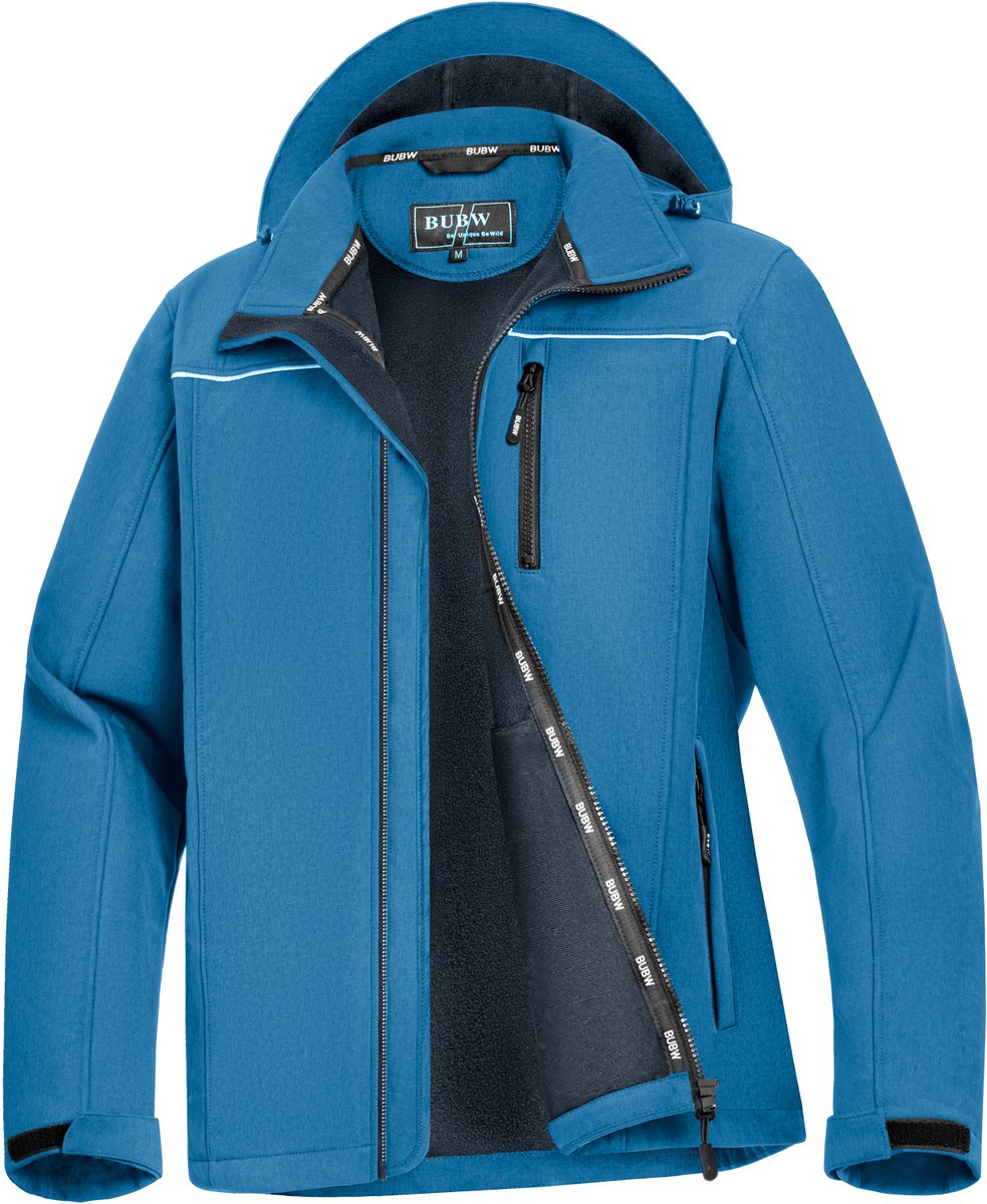 BUBW Heren Outdoorjas Softshell Jas 4 Seizoenen Winddicht Waterafstotend Outdoor Herenjas Rits Zakken Warme Fleece Gevoerd Met Capuchon Blauw