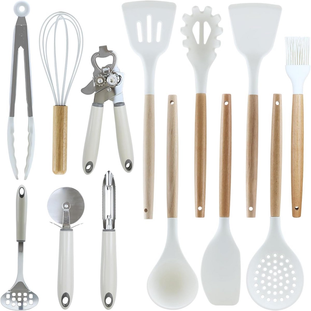 Complete Houten Keukengerei Set met Siliconen Kookgereedschap en RVS Accessoires