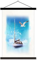 Porte-affiche avec affiche - Affiche scolaire - Bateau - Mer - Mouette - 40x60 cm - Lattes noires