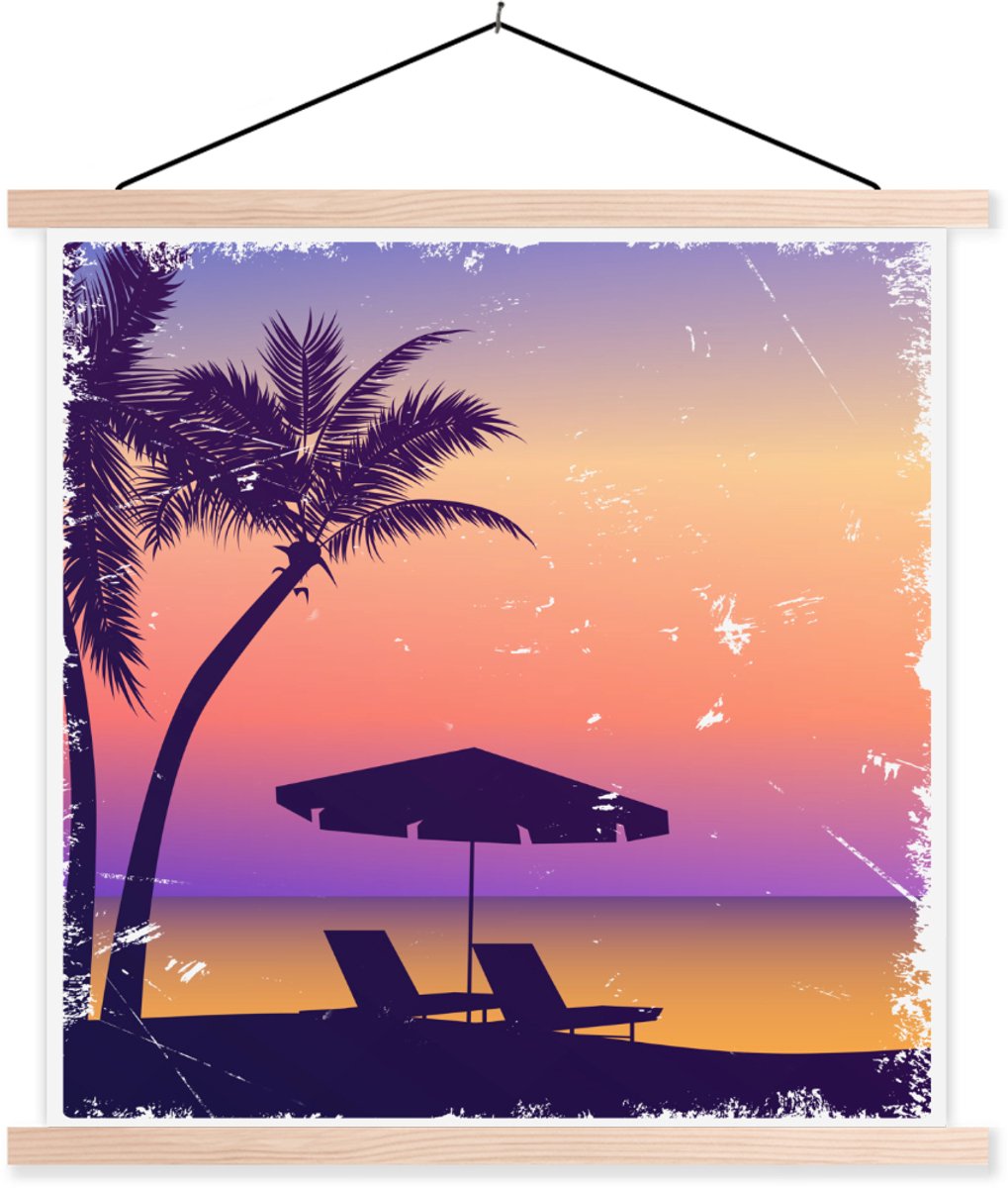 Posterhanger incl. Poster 120x120 cm - Schoolplaat - Strandstoel - Parasol - Nacht - Water