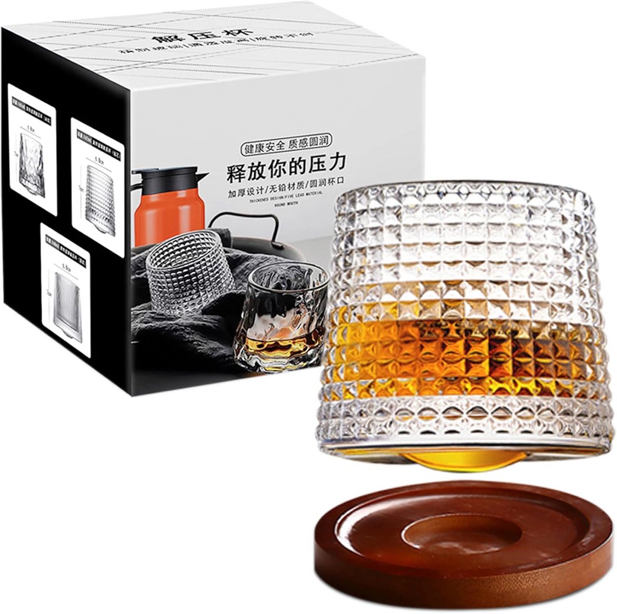 Draaibare Whiskyglazen Set met Onderzetter voor Scotch en Bourbon Proeverij