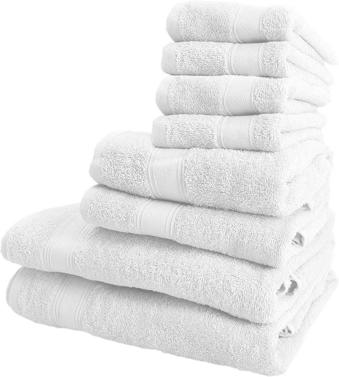 Set van 8 witte badtextiel: handdoeken, washandjes en douchelakens van 100% katoen (450 g/