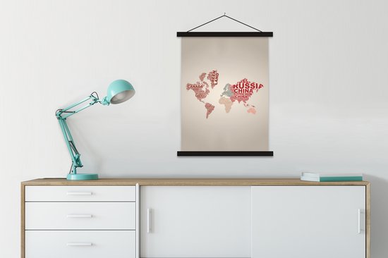 Wanddecoratie - Wereldkaart - Letters - Land - Schoolplaat - 90x120 cm - Textielposter - Textiel poster
