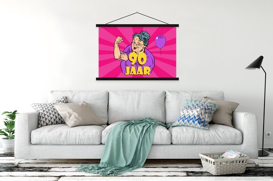 Porte-affiche avec affiche - Affiche scolaire - Anniversaire - Femme - 90 ans - 120x80 cm - Lattes noires