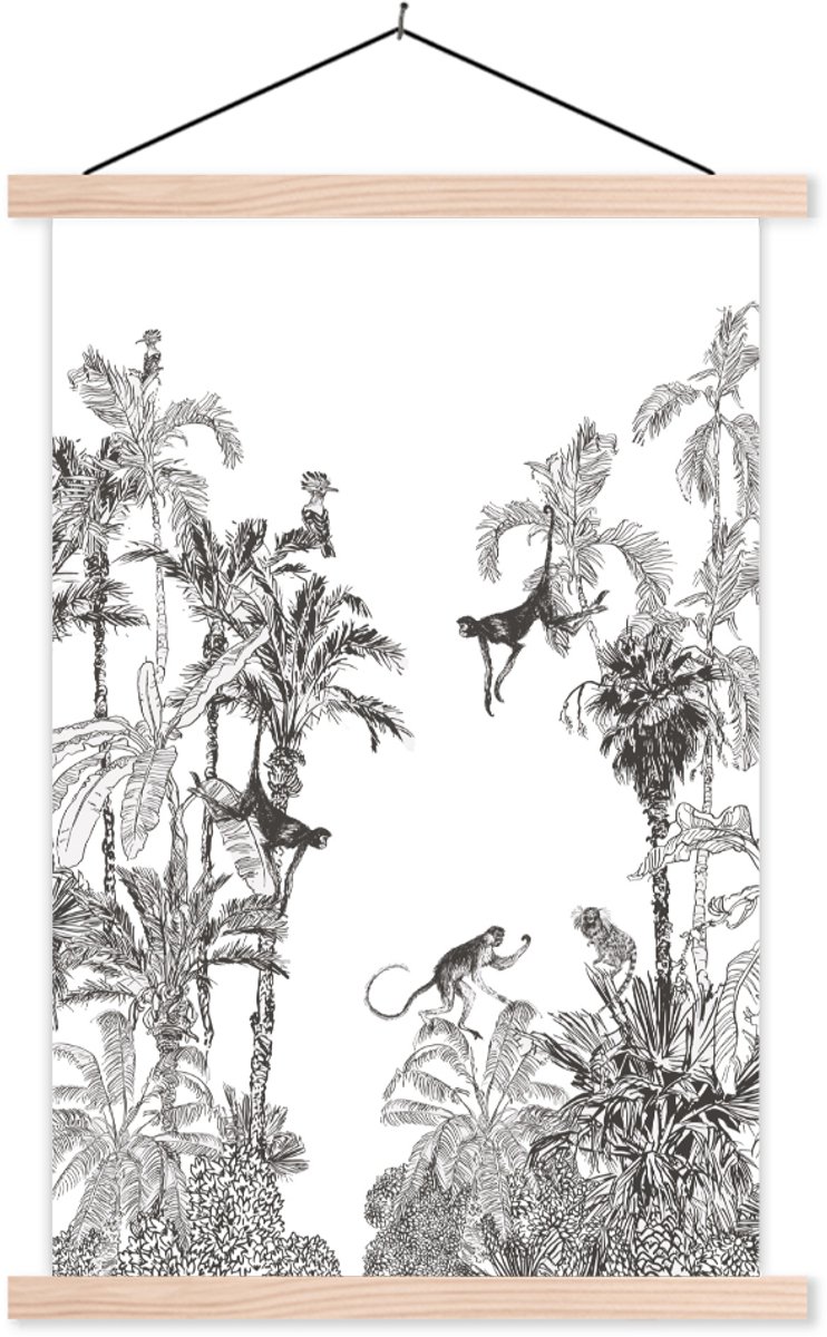 Posterhanger incl. Poster 60x90 cm - Schoolplaat - Jungle - Zwart - Wit - Aap - Textielposter - Blanke latten