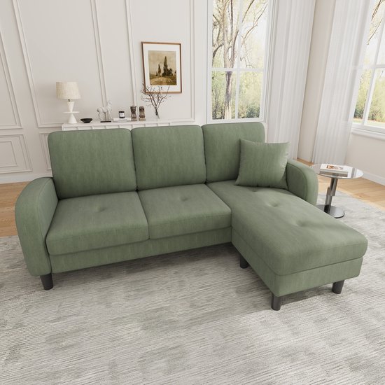 166 x 118 x 77 cm - Canapé d'angle en forme de L avec méridienne – canapé trois places - pieds en plastique - vert