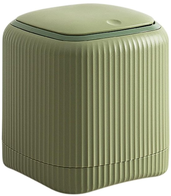 Een effen groene prullenbak met een deksel, op een witte achtergrond.