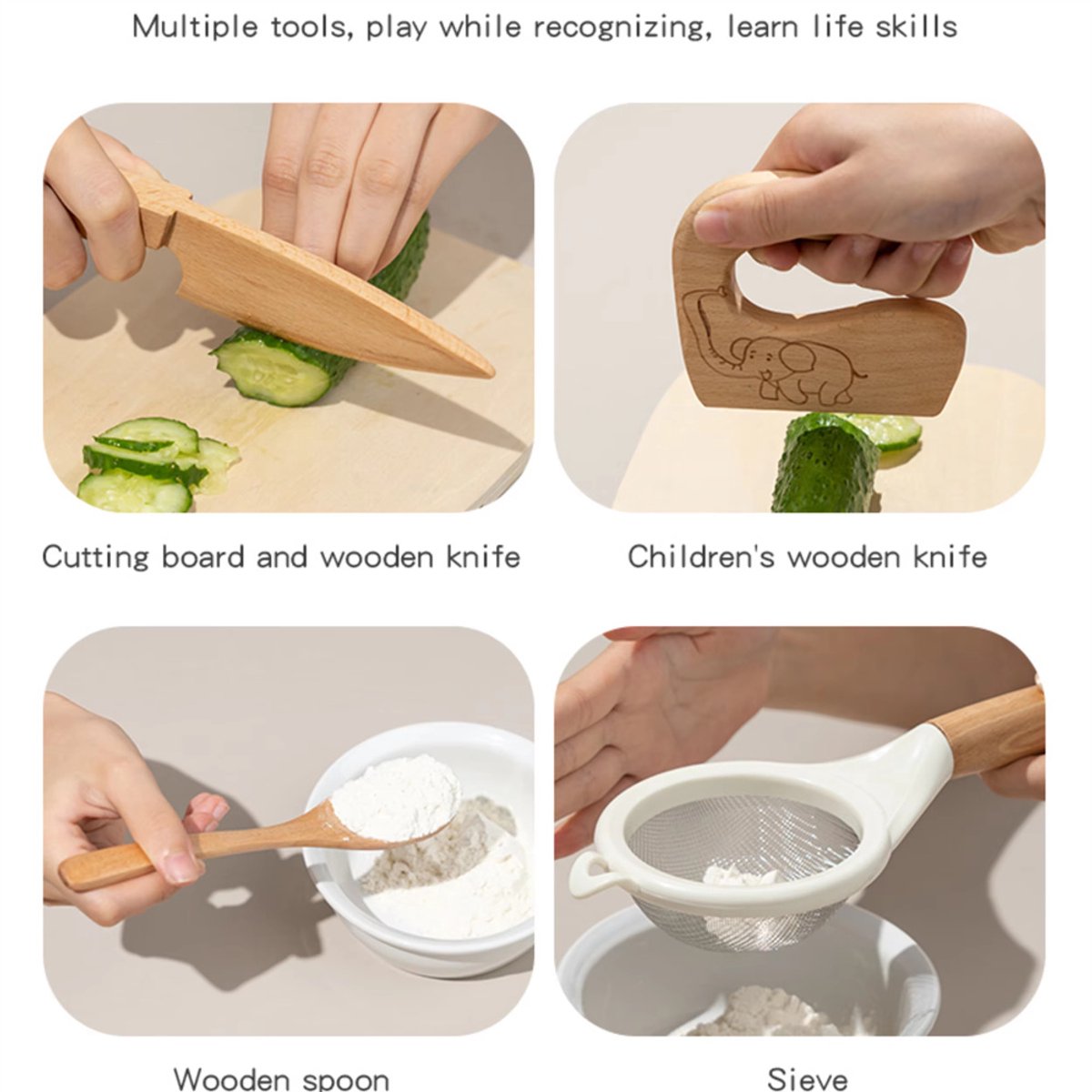 10-delige houten keukengereedschapset voor peuters, houten kinderveilige messen, educatief speelgoed, kinderbakset voor echt koken, Montessori keukengereedschap voor jongens en meisjes, rollenspel voor kleine chef-koks — afbeelding 6