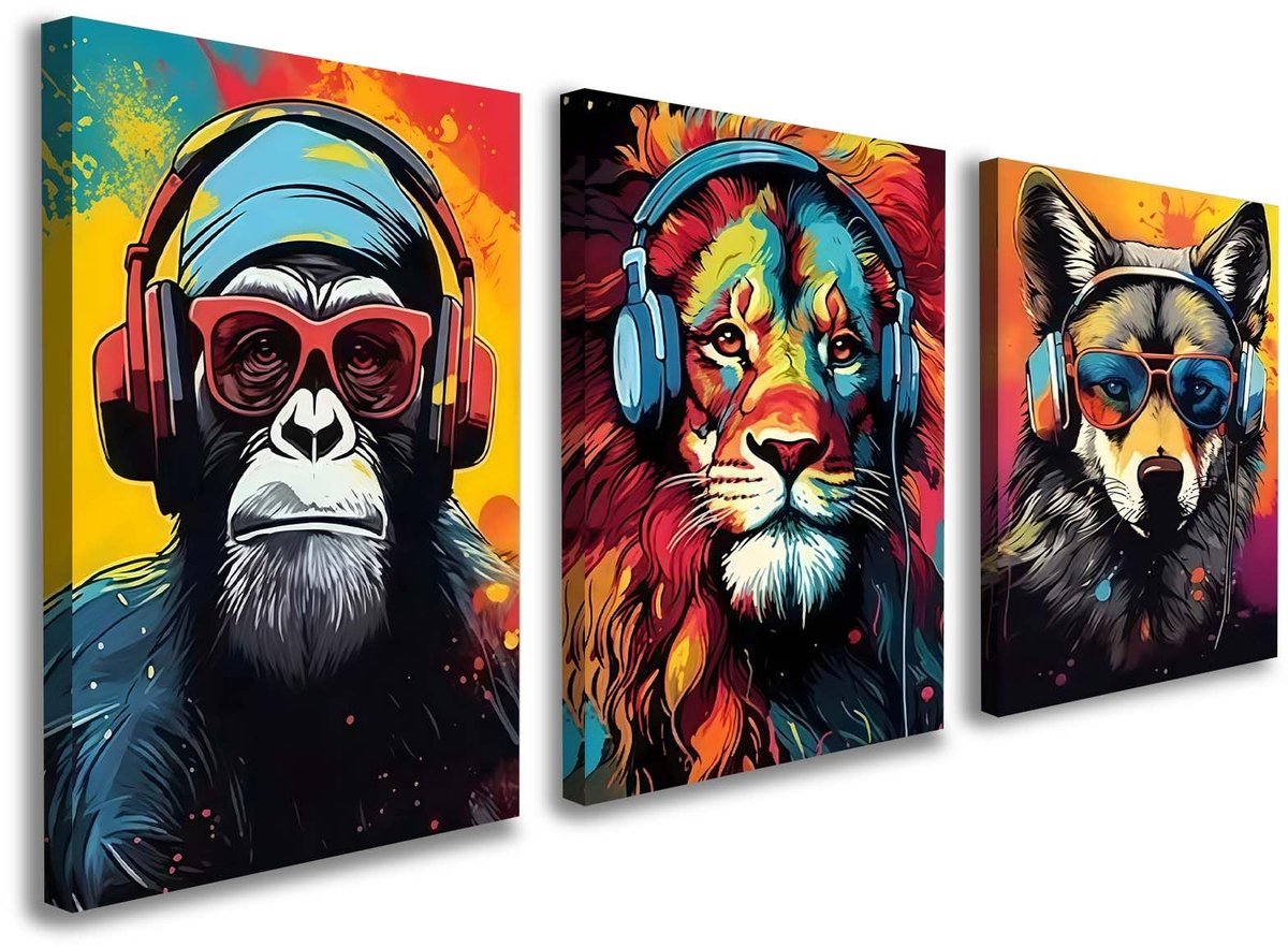 Unyqoos Stijlvolle 3-delige canvas wanddecoratie set met dieren en hoofdtelefoon 30 x 40 cm Kleurrijke