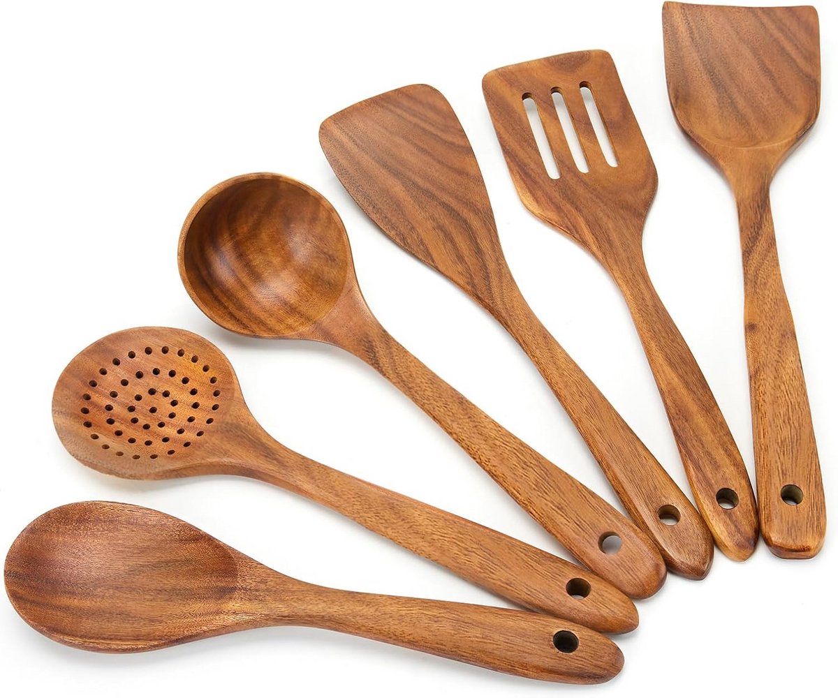 6-delige houten kookgerei set met diverse lepels