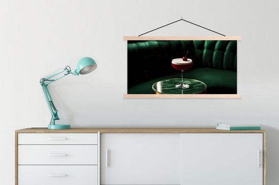 Posterhanger incl. Poster 90x45 cm - Schoolplaat - Kers - Cocktail - Rood - Marmer - Textielposter - Blanke latten