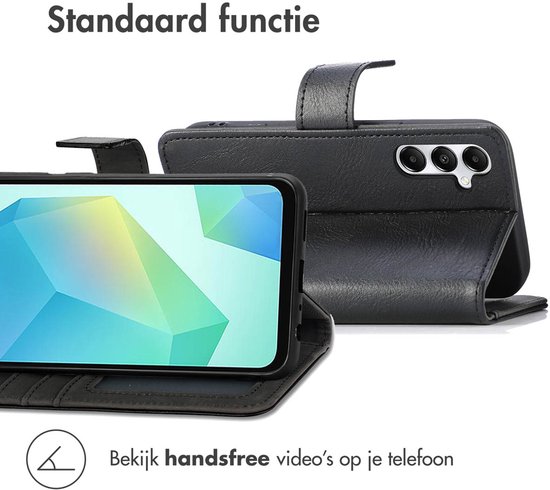 Étui livre noir avec fonction de support, téléphone en mode paysage regardant une vidéo.