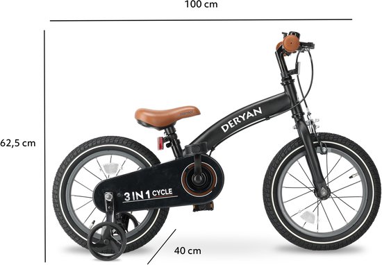 Vélo enfant Deryan noir avec touches de marron. Dimensions : 100 cm de long, 62,5 cm de haut, 40 cm de large. Avec roulettes.