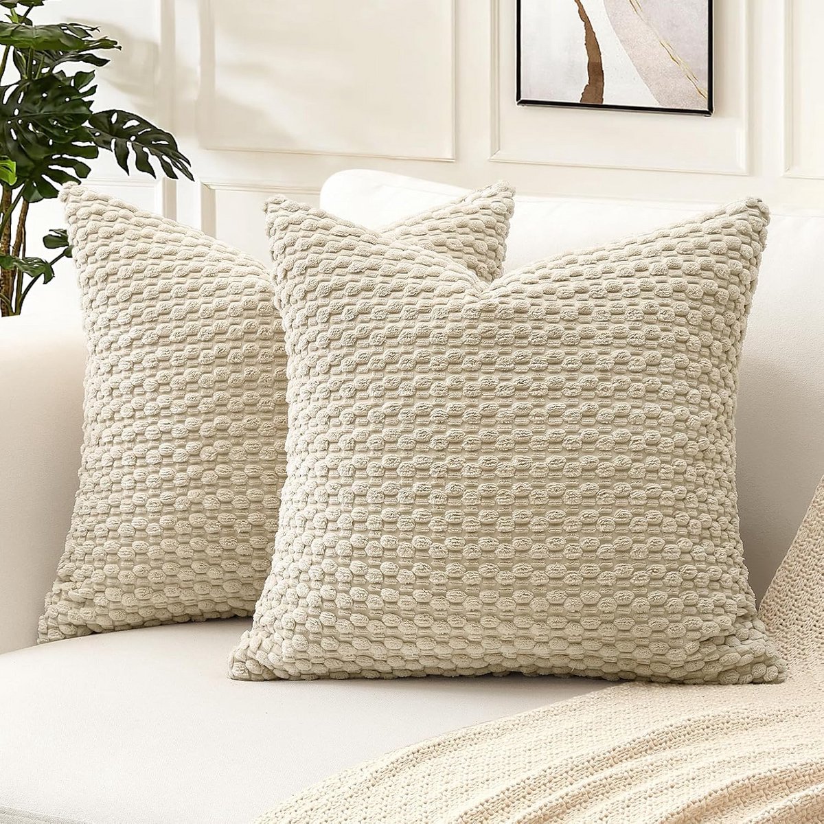 Set van 2 corduroy fluwelen kussenhoezen 40 x 40 cm - Effen beige voor woondecoratie