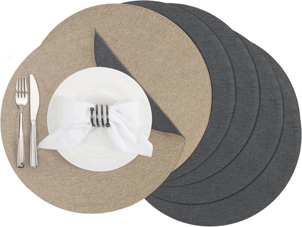 Ronde Afwasbare Placemats 38 cm - Set van 6 Dubbelzijdig en Antislip