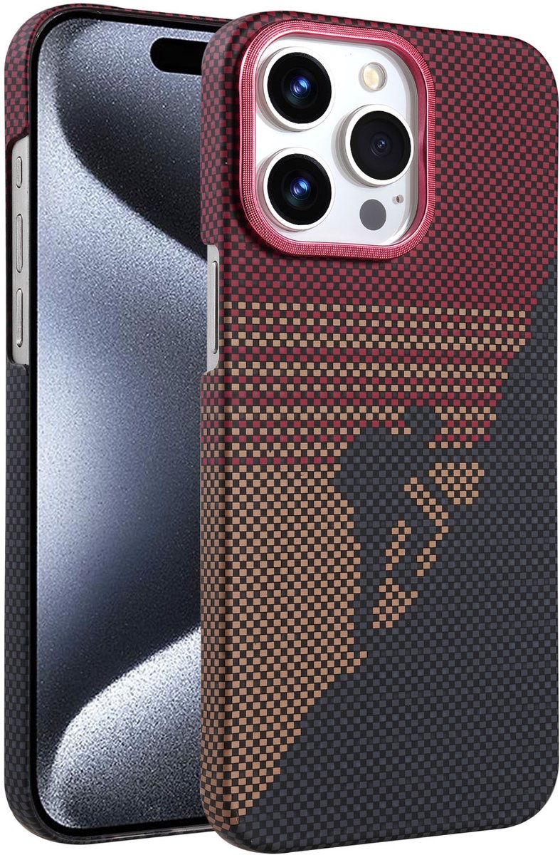 Hoesje Geschikt voor iPhone 15 Pro Max Hoesje Rood - Carbon Hoesje Geschikt voor MagSafe iPhone 15 Pro Max - Shockproof Back Cover