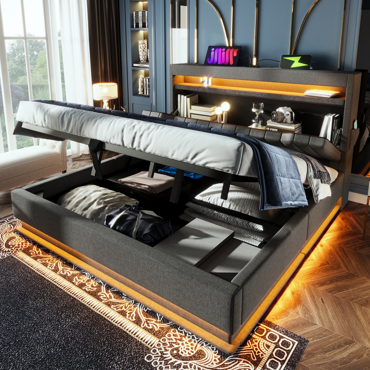 STILVORA Gestoffeerd Bed 180x200cm - Tweepersoonsbed Met LED Verlichting, USB En Type C - Hydraulische Opbergruimte - Grijs Zonder Matras
