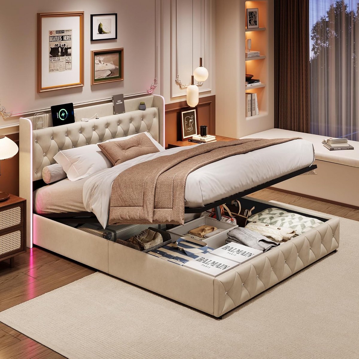 Tweepersoons gestoffeerd bed met LED, USB en opbergruimte, 140x200 cm