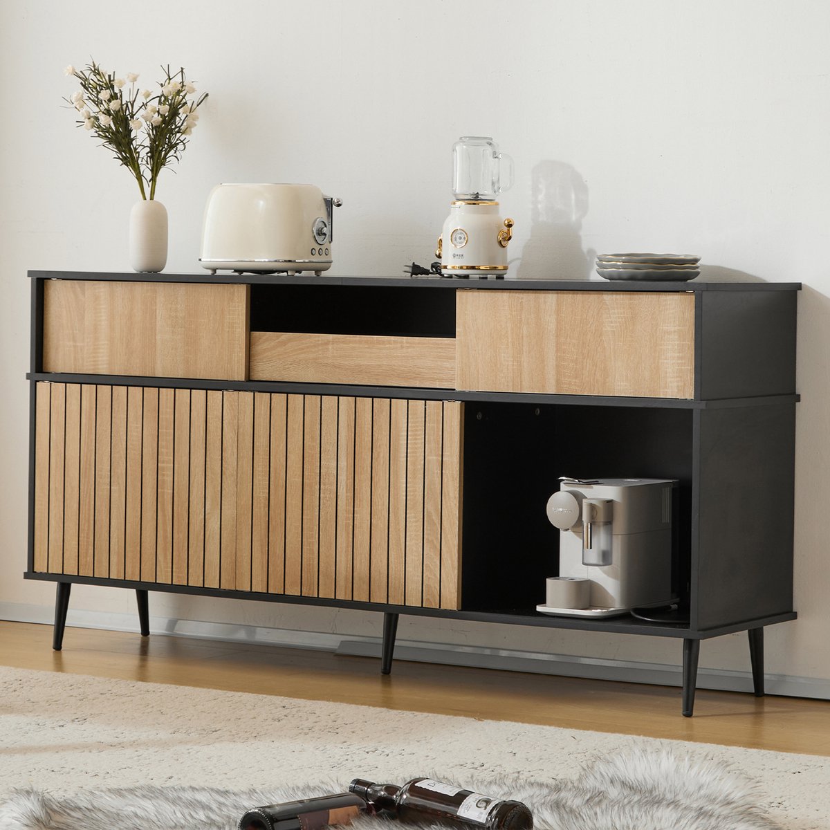 OKWISH Dressoir – Schuifdeuren Opbergkast – 160x40x80 cm – 4 Schuifdeuren 1 Lade – Verstelbare Planken – Eiken/Zwart Modern – Spaanplaat Metalen Poten Natuurlijk