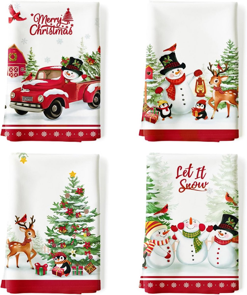 Set van 4 Katoenen Keukenhanddoeken met Sneeuwpop Decoratie - Absorberend en Sneldrogend