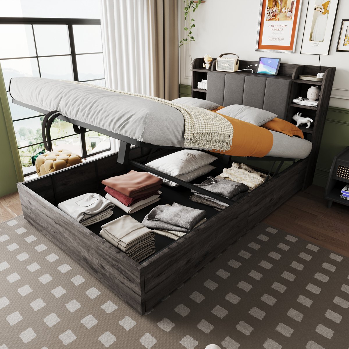 HAUSS SPOLE Houten Bed 140x200 cm - Hydraulisch Opbergbed Met Groot Opbergvak - Hoofdeinde Met Opbergruimte En USB/Type-C - MDF - Grijs - Zonder matras