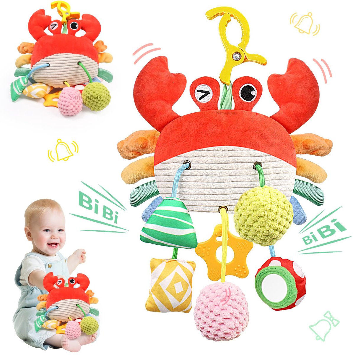 Namajunas - Montessori Speelgoed vanaf Baby 1 tot 4 jaar - Educatief speelgoed voor baby's - Kinderspeelgoed Onderweg - Baby Speelgoed 0-3-6-12 Maanden - Ophangbaar - Baby-bijtspeeltjes - Baby sensorisch speelgoed - Rammelaar - Kleine krab