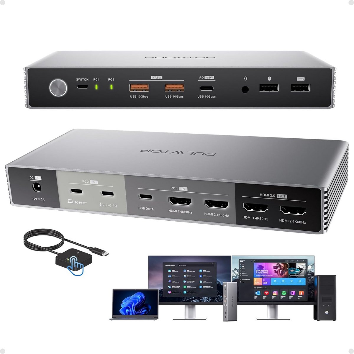 4K KVM Switch Dockingstation Dual Monitor voor Laptop en Desktop met 10Gbps USB C en Opladen