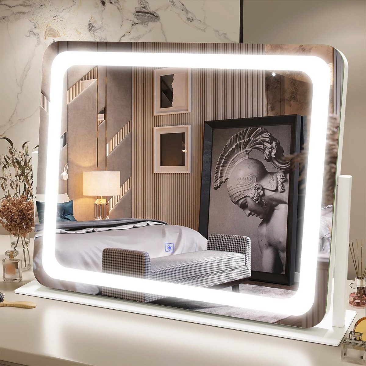 Grote Verlichte Make-up Spiegel met 3 Kleuren Licht - Dimbaar Tafelmodel
