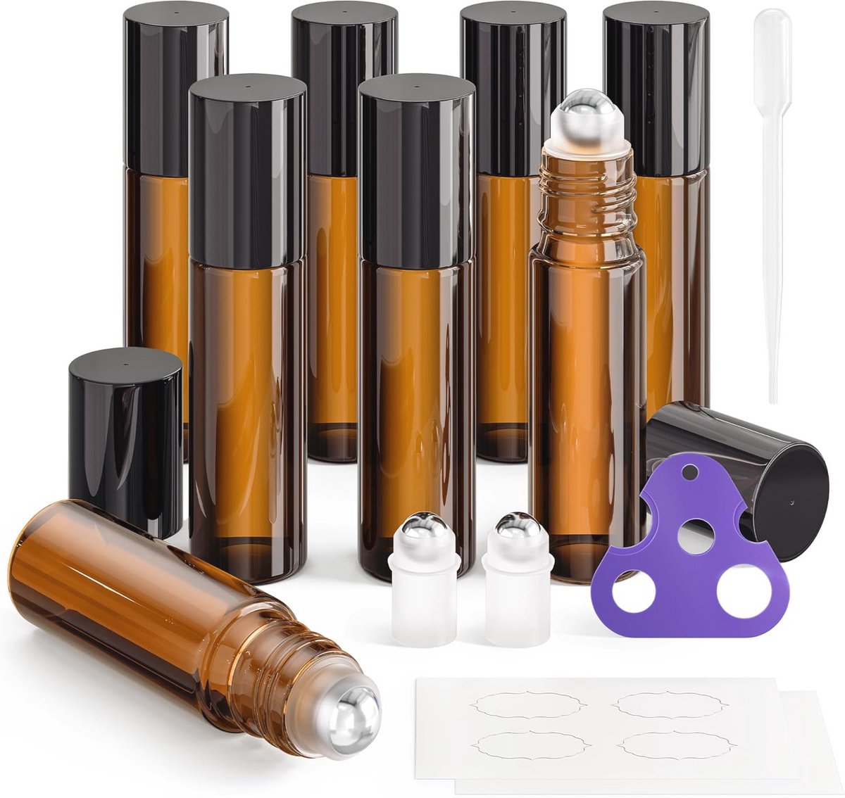 Roll-on flessen 10 ml amber met roestvrij stalen ballen en accessoires