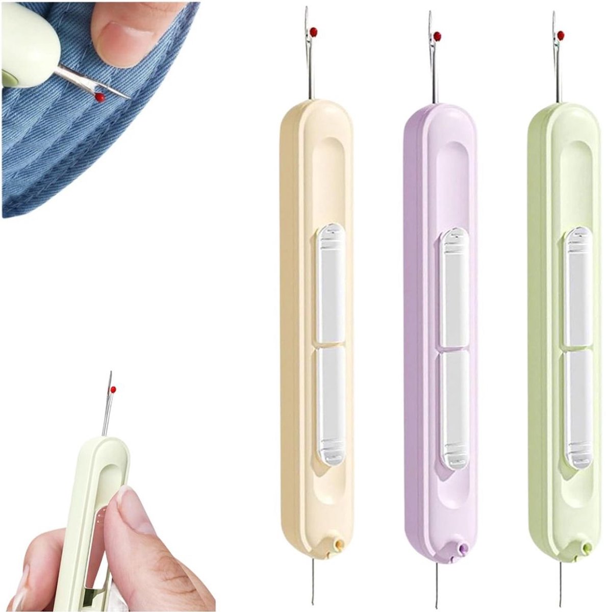 2-in-1 automatische draadinrijger met tornmesje, 3-delige naaiaccessoireset, draadinrijger en naaihulpmiddel.
