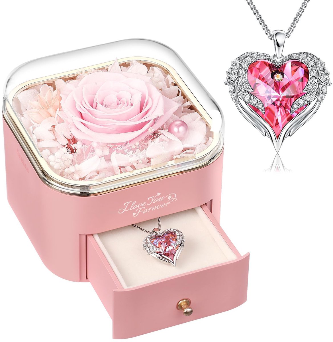 Namajunas - Roses of Eternity - Bewaarde Roos met Engelenvleugels Ketting in Sierradendoos - Luxe Geschenkdoos – Romantisch Juwelendoos Cadeau voor Vrouw, Vriendin of Moeder – Kerstcadeau, Valentijn, Verjaardag, Jubileum & Moederdag