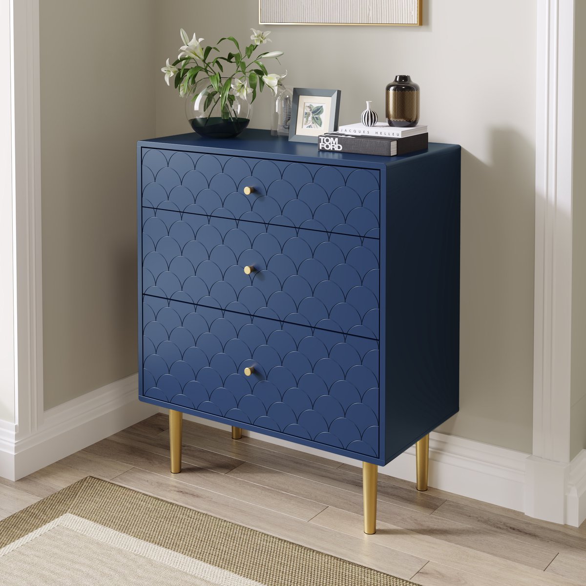 HAUSS SPOLE Dressoir – 3 Lade Ladekast Met Vis Schubpatroon En Stil Schuifsysteem – Spaanplaat Met Metalen Poten 20 Cm Bodemvrijheid – 75x40x89 Cm – Marineblauw Donkerblauw