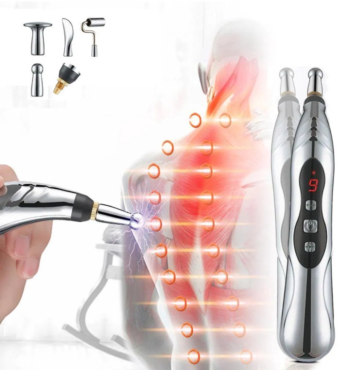 Acupunctuurpen, micro-elektrische pulsmassager, 9 intensiteitsniveaus, 5 massagekoppen, USB-interface, automatische acupunctuurpuntpositionering, naaldloze acupunctuur.
