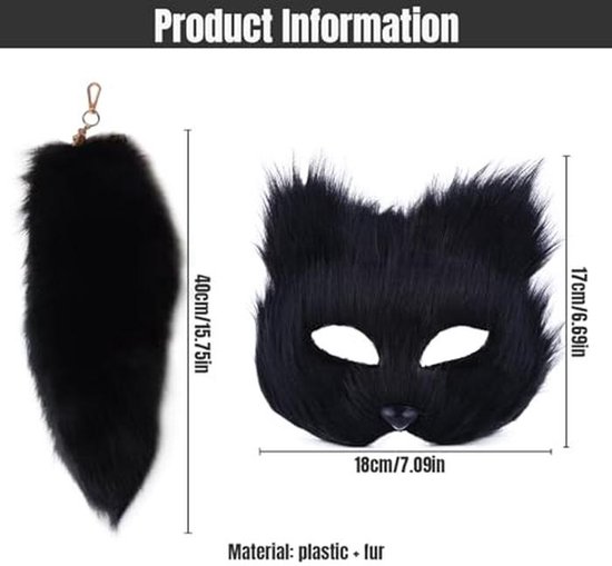 SWEETBIUTI Kattenmasker En Vossenstaartset – Halfgelaatsmasker Met Harige Staart, Zwart, Voor Cosplay En Feesten