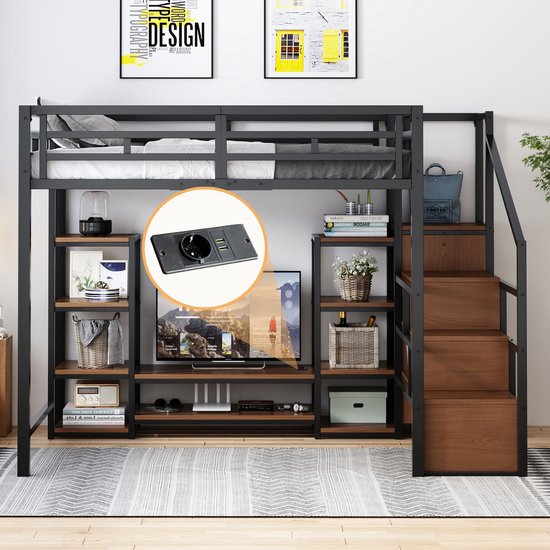 OKWISH Lit mezzanine 140x200 cm - Avec support TV et prise électrique - Avec échelle de rangement et rangement inférieur - Pour étudiants et petites chambres - Métal+MDF - Noir - Sans matelas