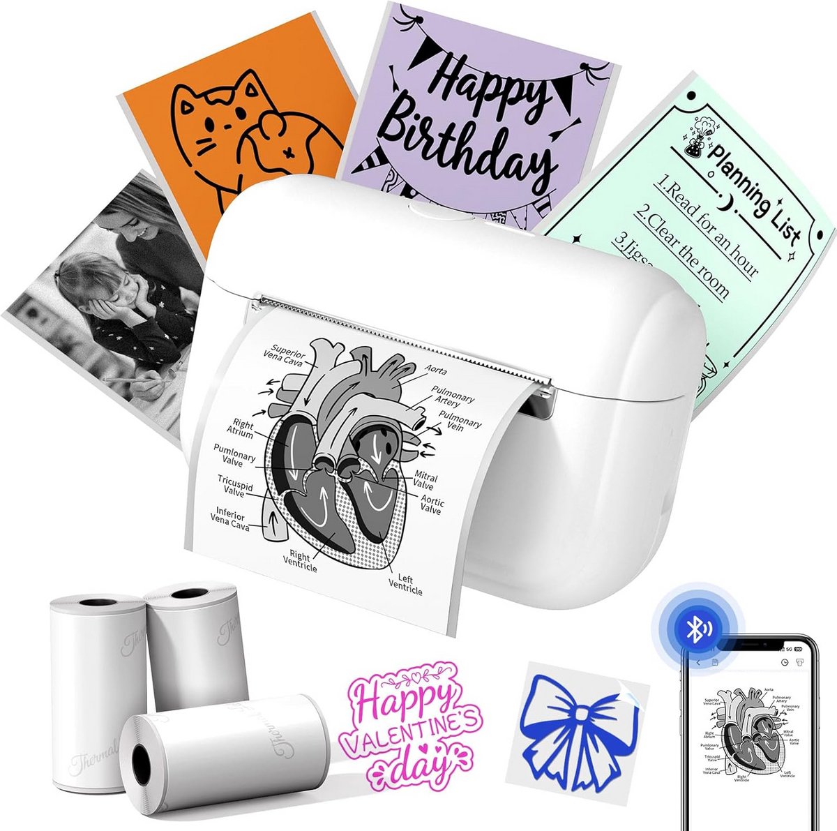 Draagbare Thermische Mini-Printer met 3 Rollen Stickerpapier voor Smartphone
