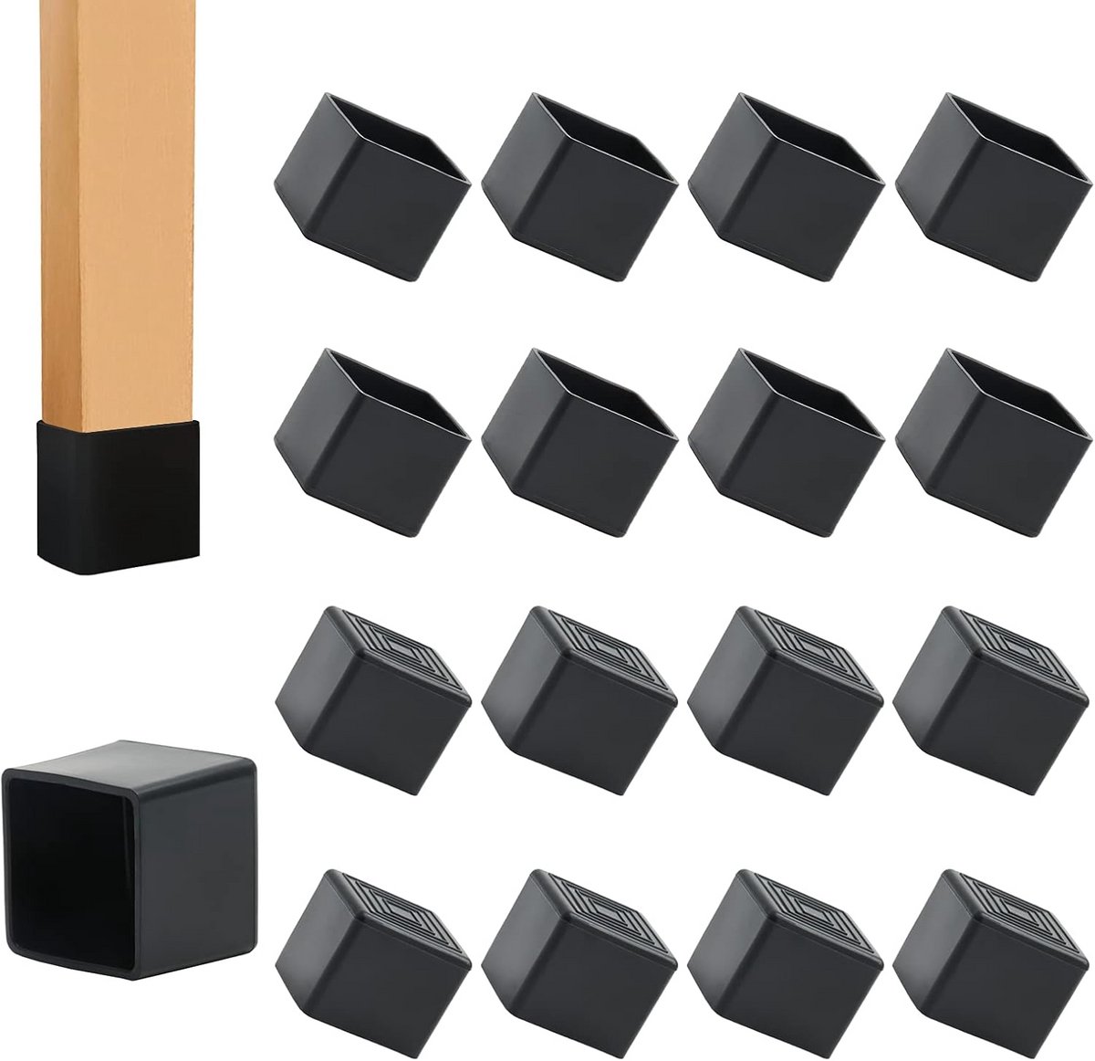 12x Vierkante Stoelpootdoppen Zwart Rubberen Vloerbeschermers 3,5cm