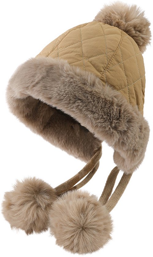 Chapeaux d'hiver chauds en fourrure, épais chapeau russe doublé de peluche, chapeau en fourrure pour femme avec cache-oreilles et pompons