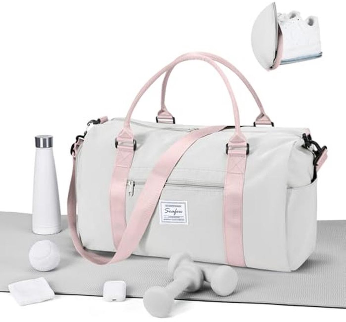 Sporttas voor Dames en Heren met Schoenenvak - Waterdichte Reistas voor Fitness en Reizen - Grijs met Roze