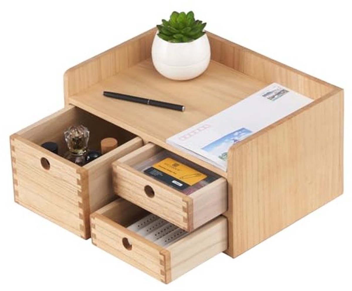 Houten bureau-organizer met schuifladen voor efficiëntie op kantoor en thuis